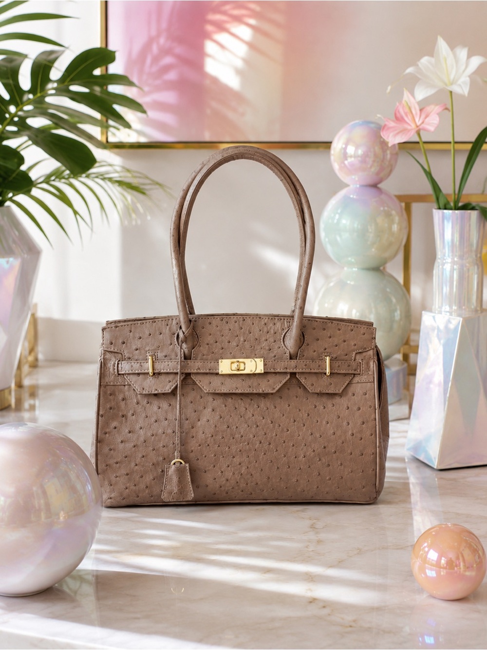 NEW Genuine Ostrich Leather Tote – Taupe & Gold | Timeless Luxury Handbag